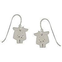Sterling silver dangle earrings, 'Dancing Cow' - Sterling Silver Cow Dangle Earrings from Mexico