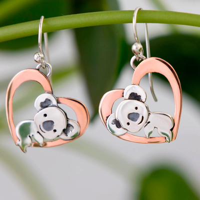 Sterling silver and copper dangle earrings, 'Koala Love' - Sterling Silver and Copper Koala Dangle Earrings from Mexico