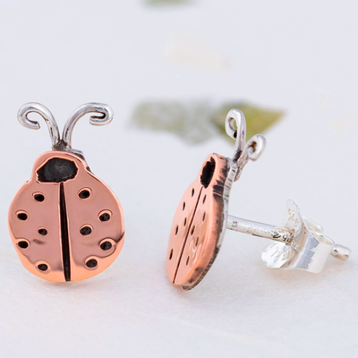 Sterling silver and copper stud earrings, 'Lucky Ladybug' - Sterling Silver and Copper Ladybug Stud Earrings