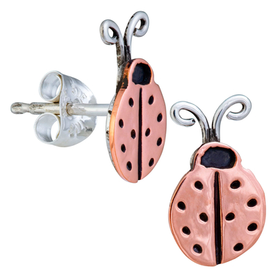 Sterling silver and copper stud earrings, 'Lucky Ladybug' - Sterling Silver and Copper Ladybug Stud Earrings