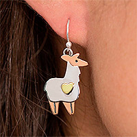 Sterling silver dangle earrings, 'Llama Love' - Sterling Silver and Copper Accented Llama Dangle Earrings
