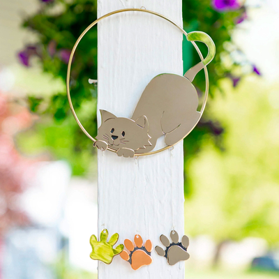 Mixed metal wind chime, 'Playful Pet' - Handmade Cat or Dog Metal Wind Chime from Mexico