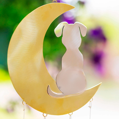 Mixed metal wind chime, 'Moonlight Dog' - Mixed Metal Moon and Stars Dog Wind Chime