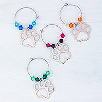 Wine charms, 'Paw Print Pals' (set of 4) - Set of 4 Paw Print Themed Wine Charms from Mexico