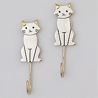 Metal wall hooks, 'Cute Cats' (set of 2) - Set of 2 Metal Cat Wall Hooks from Mexico