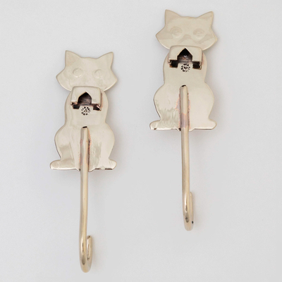 Metal wall hooks, 'Cute Cats' (set of 2) - Set of 2 Metal Cat Wall Hooks from Mexico