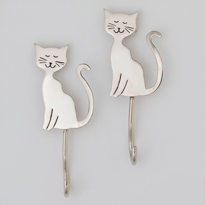 Metal wall hooks, 'Sassy Cat' (set of 2) - Set of 2 Metal Cat Wall Hooks from Mexico