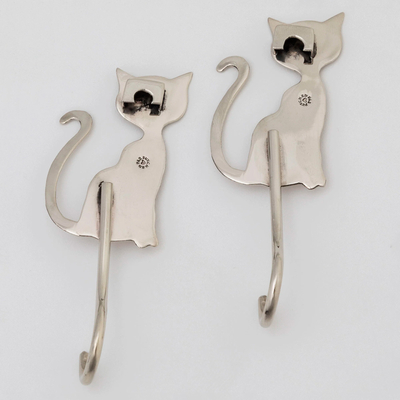 Metal wall hooks, 'Sassy Cat' (set of 2) - Set of 2 Metal Cat Wall Hooks from Mexico