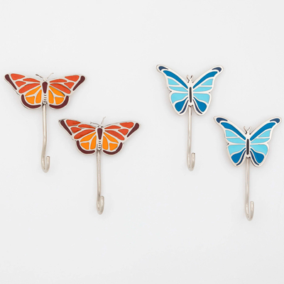 Metal wall hooks, 'Butterfly' (set of 2) - Set of 2 Hand Painted Metal and Resin Butterfly Wall Hooks