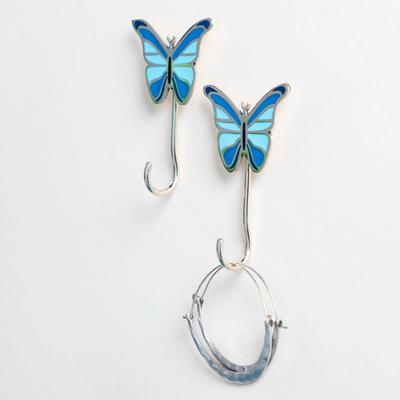 Metal wall hooks, 'Butterfly' (set of 2) - Set of 2 Hand Painted Metal and Resin Butterfly Wall Hooks