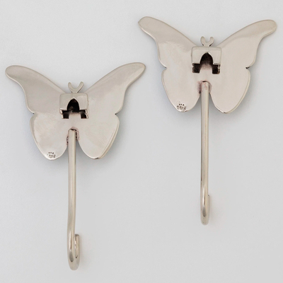 Metal wall hooks, 'Butterfly' (set of 2) - Set of 2 Hand Painted Metal and Resin Butterfly Wall Hooks