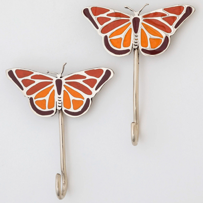 Metal wall hooks, 'Butterfly' (set of 2) - Set of 2 Hand Painted Metal and Resin Butterfly Wall Hooks