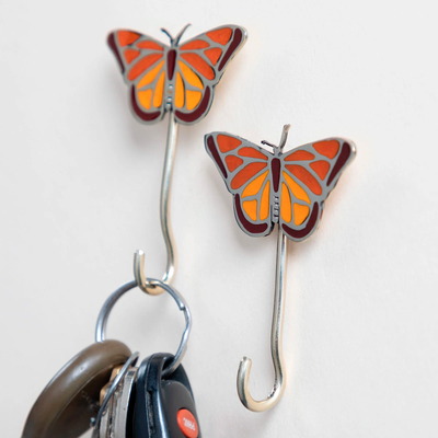 Metal wall hooks, 'Butterfly' (set of 2) - Set of 2 Hand Painted Metal and Resin Butterfly Wall Hooks