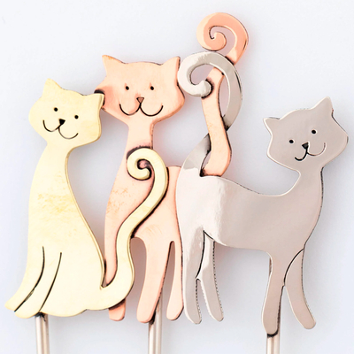 Mixed metal wall hooks, 'Cat Trio' - Mixed Metal Cat Trio Wall Hook from Mexico