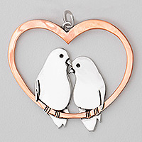 Sterling silver and copper pendant, 'Lovebirds' - Sterling Silver and Copper Bird Pendant from Mexico