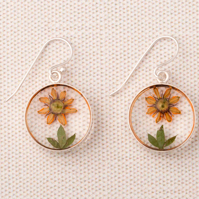 Sterling silver and resin dangle earrings, 'Sunflower Style' - Real Flower Resin Dangle Earrings from Mexico