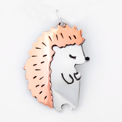 Sterling silver and copper pendant, 'Happy Hedgehog' - Sterling Silver and Copper Hedgehog Pendant from Mexico