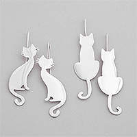 Pendientes colgantes de plata de ley, 'Silueta felina' - Pendientes colgantes de gato de plata esterlina hechos a mano de México