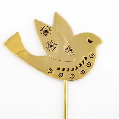 Brass plant stake, 'Garden Bird' - Handmade Brass Bird Plant Stake from Mexico