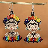 Beaded dangle earrings, 'Rainbow Frida' - Handmade Multicolored Beaded Frida Earrings
