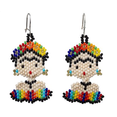 Beaded dangle earrings, 'Rainbow Frida' - Handmade Multicolored Beaded Frida Earrings