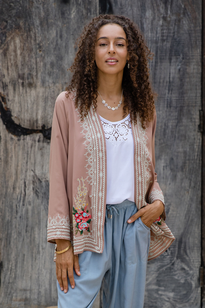 Embroidered jacket, 'Rosewood Summer' - Embroidered Floral Rosewood Jacket with Open Front