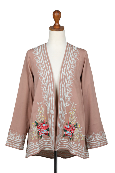 Embroidered jacket, 'Rosewood Summer' - Embroidered Floral Rosewood Jacket with Open Front
