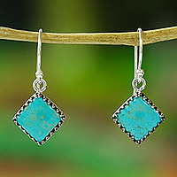 Turquoise dangle earrings, 'Turquoise Squares' - Square Turquoise Dangle Earrings from Mexico