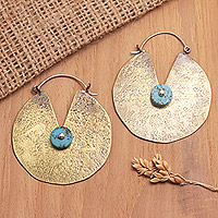 Brass hoop earrings, 'Sanur Paradise' - Textured Brass Hoop Earrings with Recon Turquoise Stones