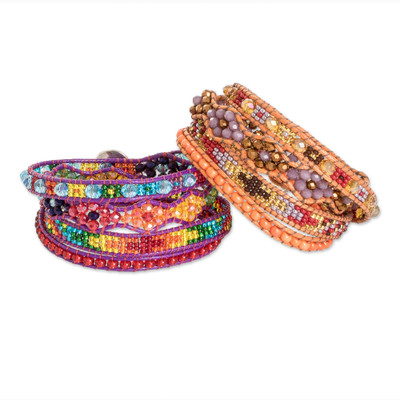 Positive energy bracelets, 'Protection and Joy' (pair) - Two Handcrafted Beaded Positive Energy Long Wrap Bracelets