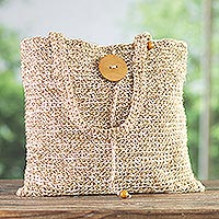 Jute shoulder bag, 'Gentle Sand' - Hand Knit Jute Shoulder Bag with Wood Button from Peru