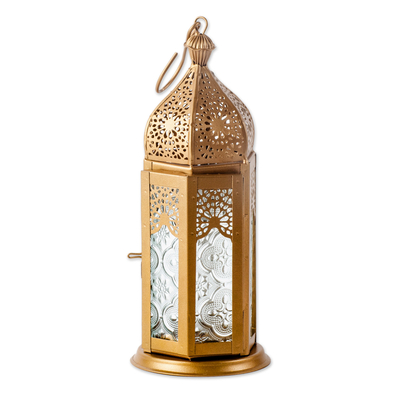 Aluminum and glass hanging lantern, 'Golden Nights'  - Gold Toned Hanging Lantern with Decorative Glass