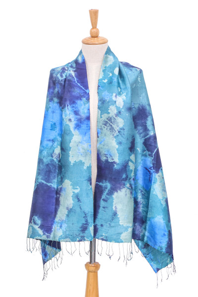 Silk shawl, 'Magical Sky' - Dyed Blue Silk Shawl with Fringe Hand-Woven in Thailand