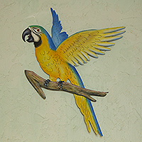 Steel wall art, 'Golden Blue Macaw' - Hand Crafted Macaw Steel Wall Sculpture from Mexico