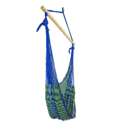 Cotton hammock swing chair, 'Maya Breeze' - Mexican Blue Green Hand Woven Cotton Hammock Swing Chair