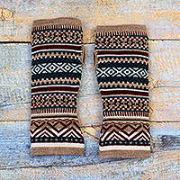 Handwärmer aus Alpaka-Mischung, „Jewel Stripes“ – Fingerlose Handschuhe aus traditioneller geometrischer Alpaka-Mischung in Beige