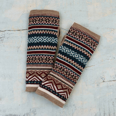 Handwärmer aus Alpaka-Mischung, „Jewel Stripes“ - Fingerlose Handschuhe aus traditioneller geometrischer Alpakamischung in Beige