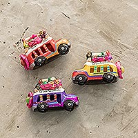 Ceramic magnets, 'Multicolour Old Time Buses' (set of 3) - Ceramic Refrigerator Magnets of Guatemalan Buses (Set of 3)