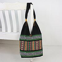 Cotton shoulder bag, 'Thai Hillside' - Embroidered Multicolored Cotton Shoulder Bag from Thailand