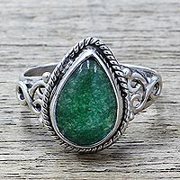 Quartz cocktail ring, 'Forest Drop' - Teardrop Shaped Green Quartz Sterling Silver Cocktail Ring