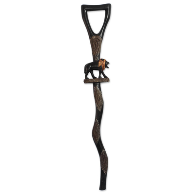 Wood walking stick, 'Strolling Lion' - Lion-Themed Wood and aluminium Walking Stick from Ghana