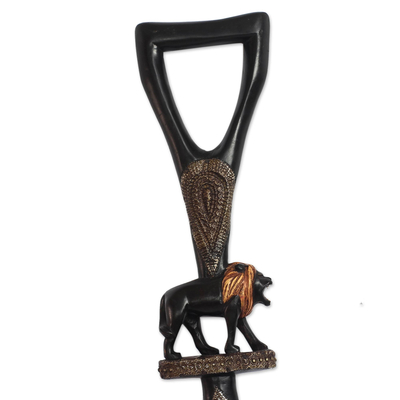 Wood walking stick, 'Strolling Lion' - Lion-Themed Wood and Aluminum Walking Stick from Ghana