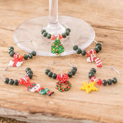 Beaded drink tags, 'Refreshing Holidays' (set of 6) - Set of 6 Christmas-Themed Handmade Glass Beaded Drink Tags