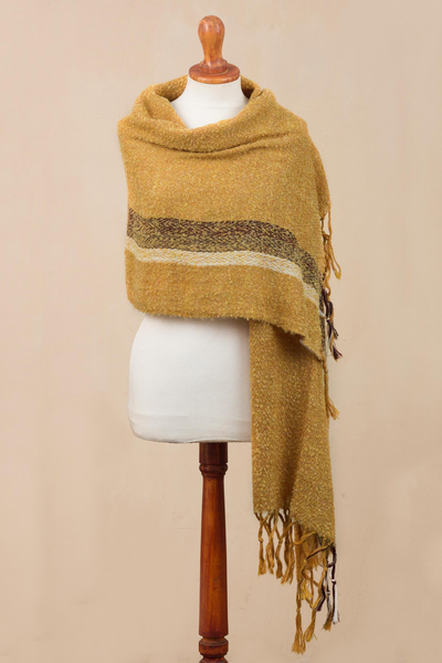 100% alpaca shawl, 'Honey Bliss' - Handwoven 100% Alpaca Shawl in Amber from Peru