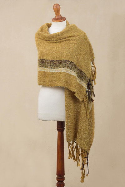 100% alpaca shawl, 'Honey Bliss' - Handwoven 100% Alpaca Shawl in Amber from Peru