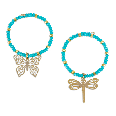 Beaded drink markers, 'Turquoise Flutter' (set of 2) - Set of 2 Handmade Beaded Drink Markers with Golden Pendants