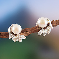 Pendientes de botón de perlas cultivadas - Pendientes de botón en forma de ala de plata de ley con perlas cultivadas