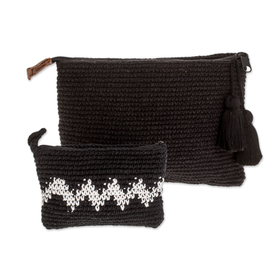 Cotton handbags, 'Zigzag Night' (pair) - Hand-Crocheted Cotton Handbags with White Zigzags (Pair)