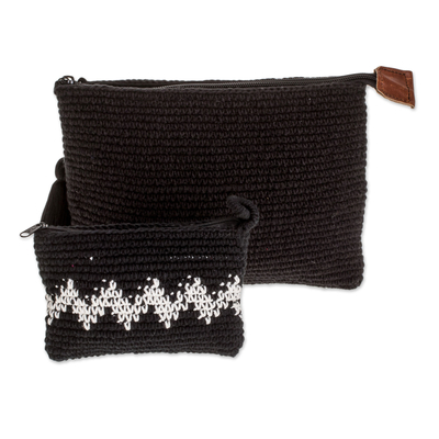 Cotton handbags, 'Zigzag Night' (pair) - Hand-Crocheted Cotton Handbags with White Zigzags (Pair)