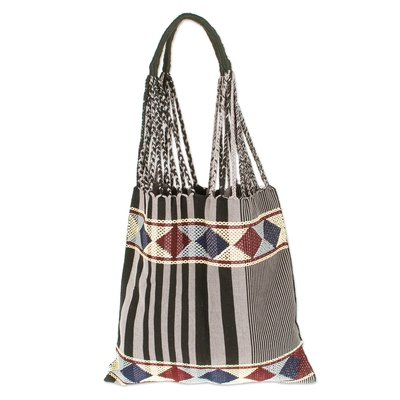 Cotton shoulder bag, 'Night Lines' - Hand Woven Geometric Striped Cotton Shoulder Bag from Mexico